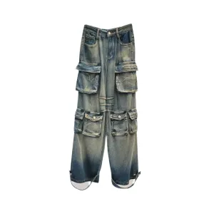 Pre Order:  Multi Pocket Wide Leg Cargo Jeans