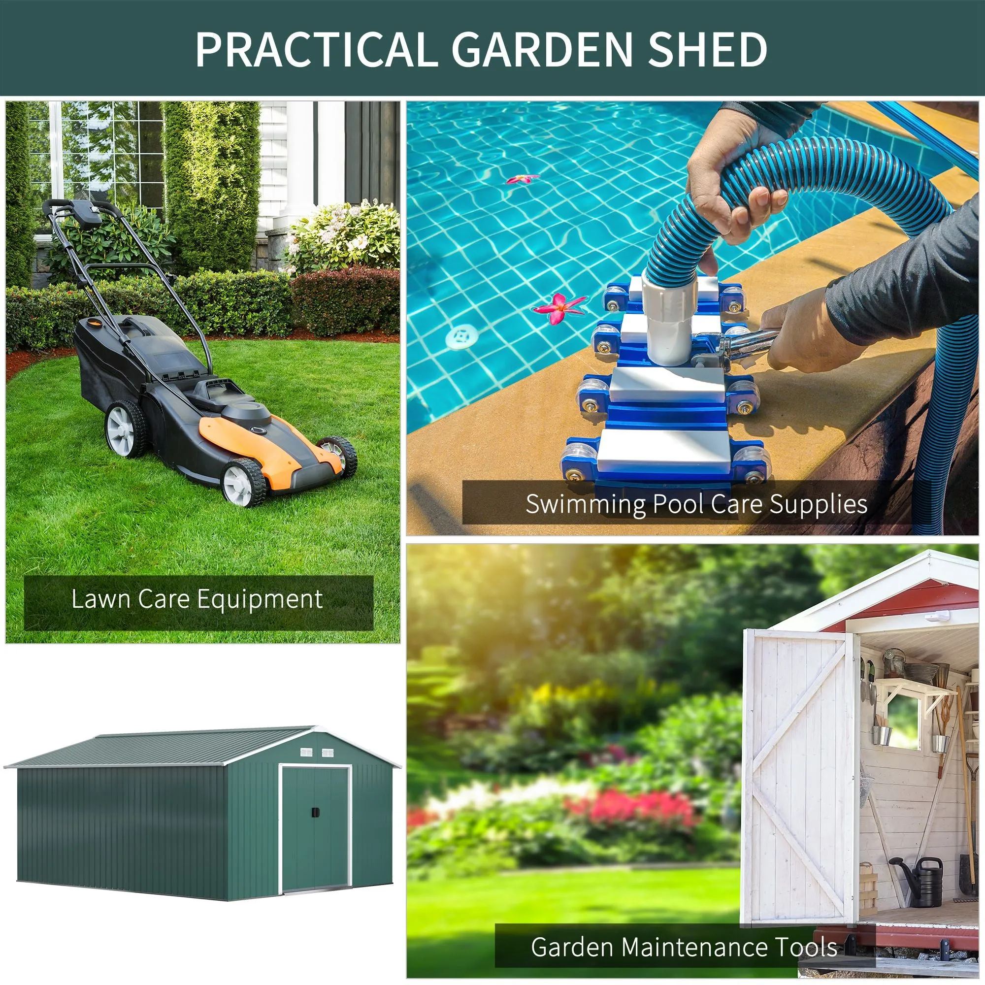 13 x 11 ft Metal Garden Shed Large Patio Roofed Tool Storage Box with Ventilation and Sliding Door, Deep Green