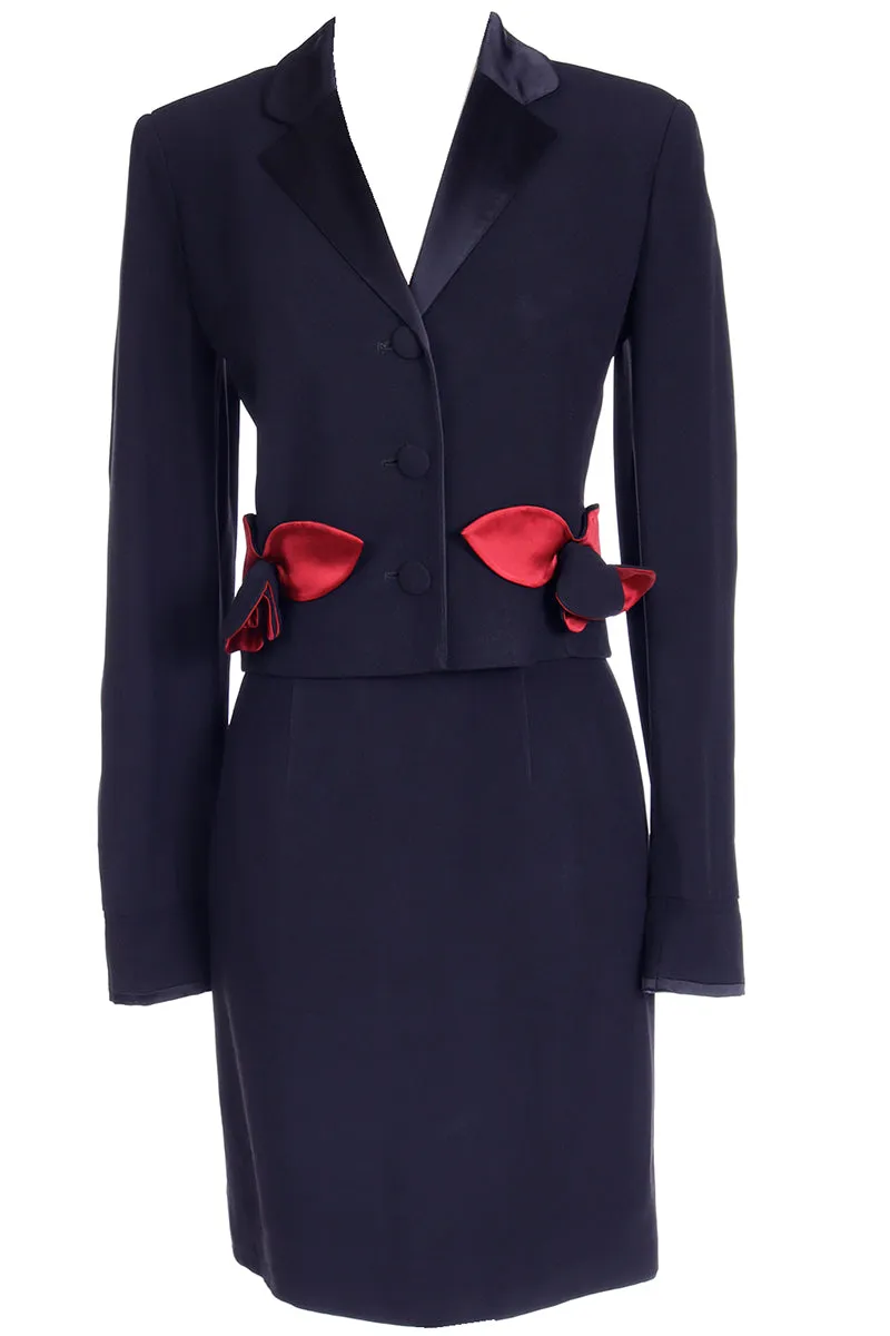 1990s Moschino Cheap & Chic Black Jacket & Skirt Suit w Red Flowers