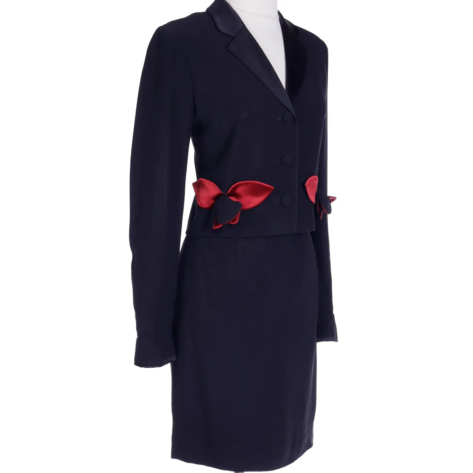 1990s Moschino Cheap & Chic Black Jacket & Skirt Suit w Red Flowers