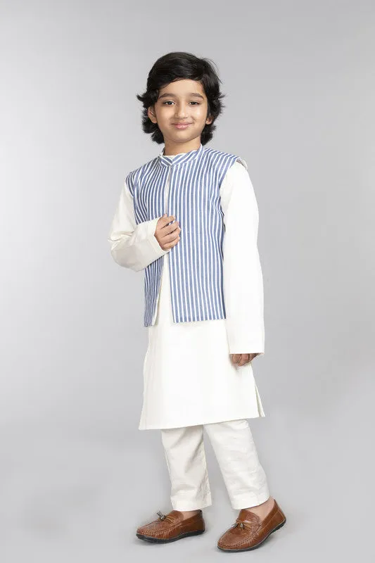 3Pcs Ivory Kurta Set with Blue Stripe Waist Coat