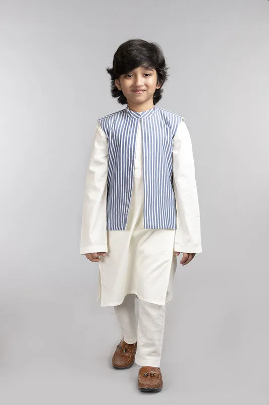 3Pcs Ivory Kurta Set with Blue Stripe Waist Coat