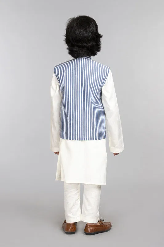 3Pcs Ivory Kurta Set with Blue Stripe Waist Coat