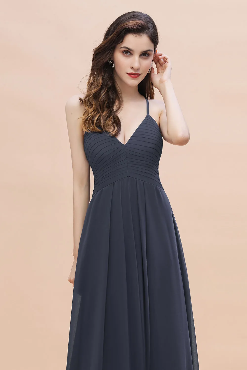 A-Line Chiffon V-Neck Bridesmaid Dress Classy Long Evening Dress With Pockets