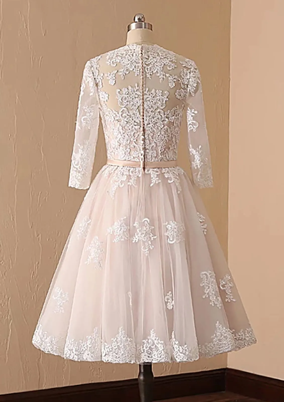 A-line V Neck Champagne Lace Tulle Tea-Length Short Wedding Dress