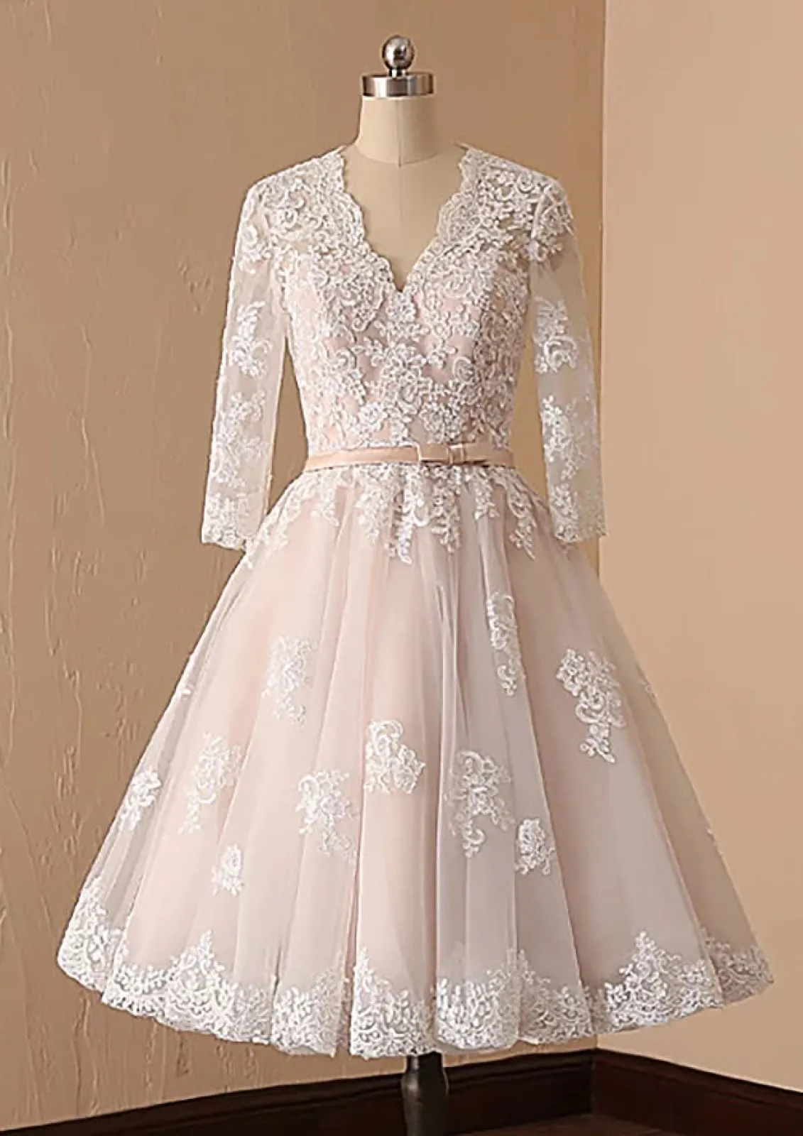 A-line V Neck Champagne Lace Tulle Tea-Length Short Wedding Dress