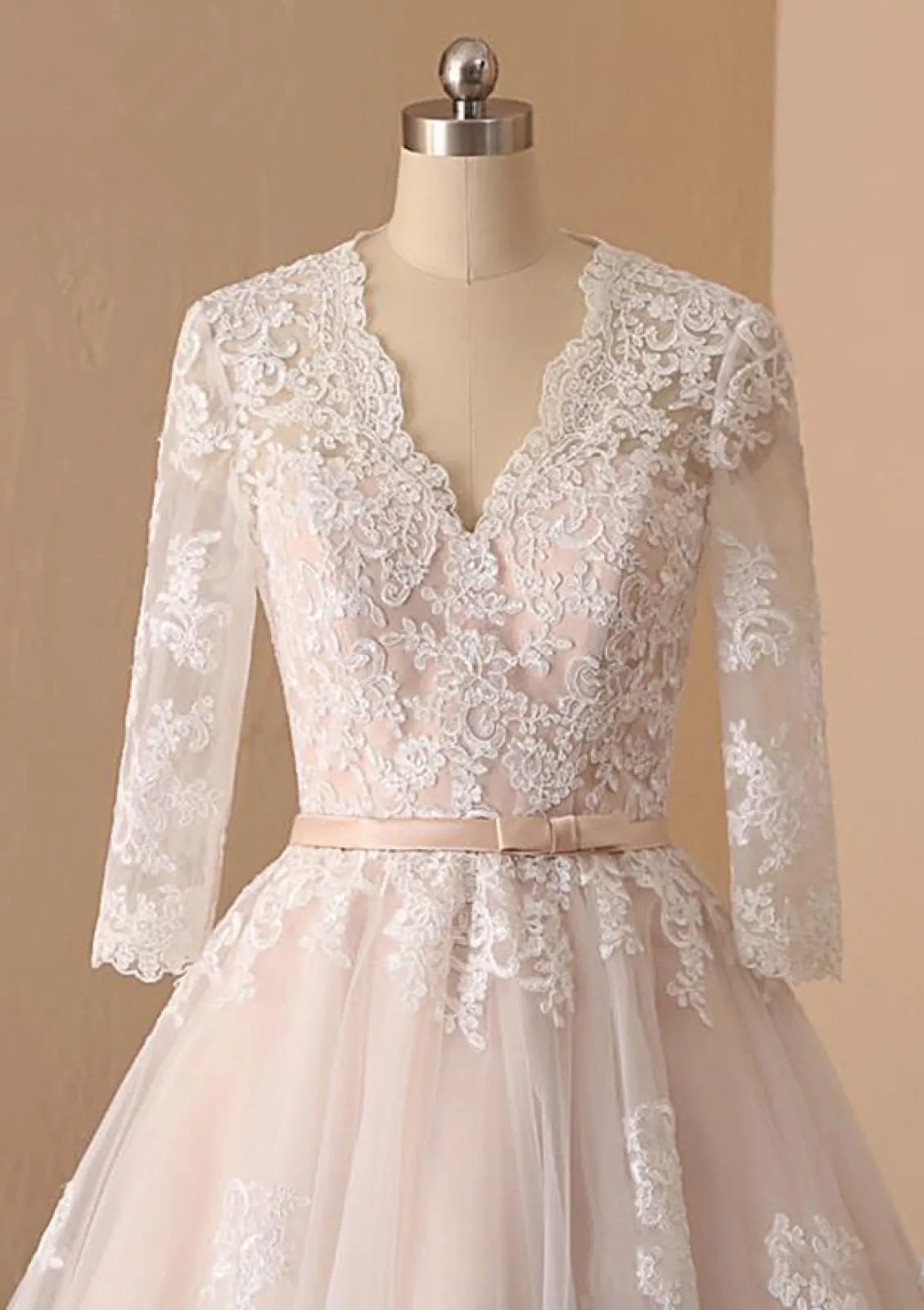 A-line V Neck Champagne Lace Tulle Tea-Length Short Wedding Dress