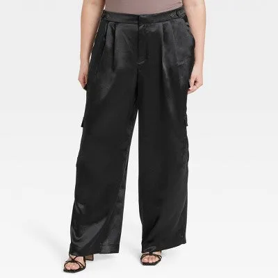 A New Day Women's Straight Relaxed High Rise Satin Cargo Pants Glossy