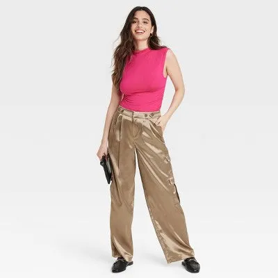 A New Day Women's Straight Relaxed High Rise Satin Cargo Pants Glossy