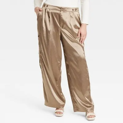 A New Day Women's Straight Relaxed High Rise Satin Cargo Pants Glossy