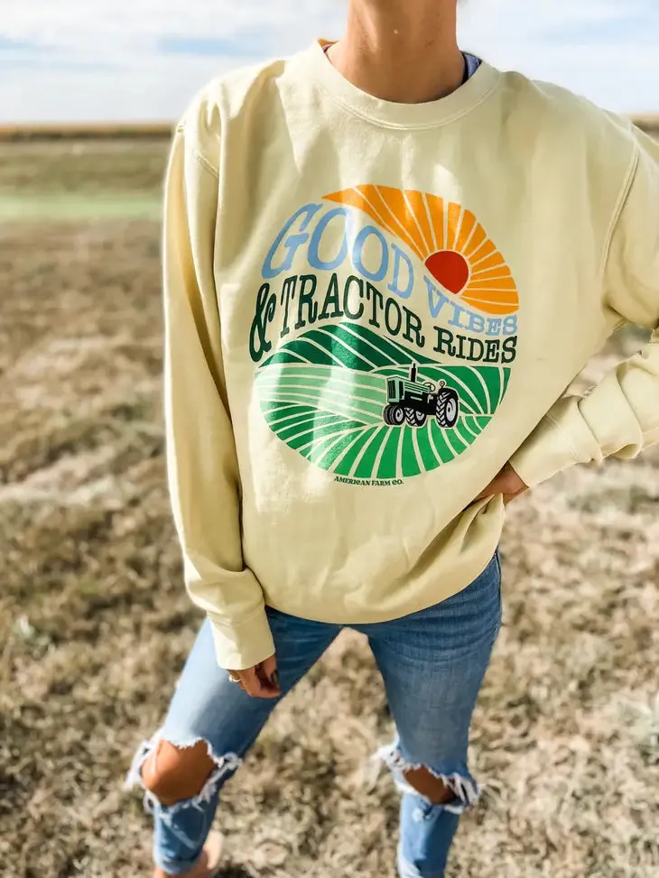 American Farm Co. "Good Vibes & Tractor Rides" Sweatshirt in Yellow