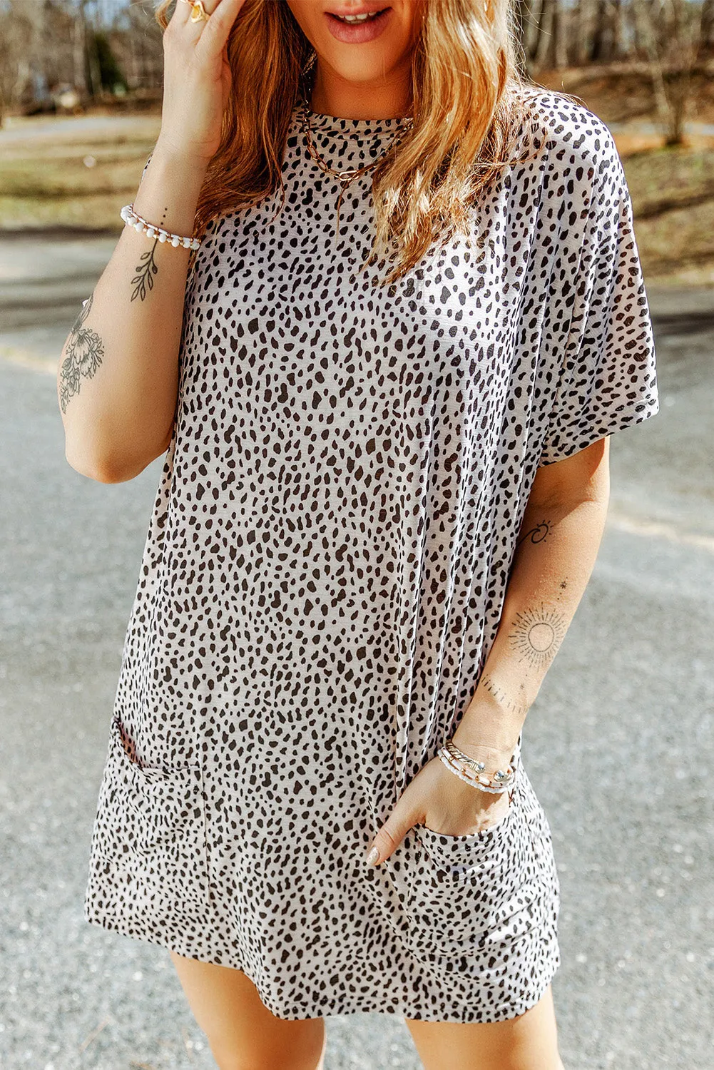 Animal Print Round Neck Tunic Tee with Pockets