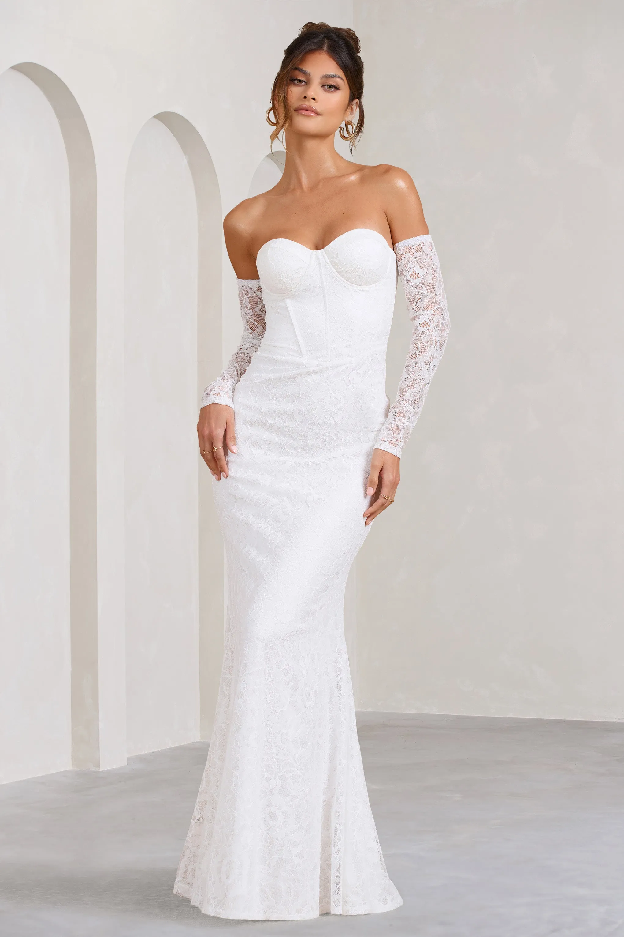 Aniyah | White Lace Bandeau Neckline Corset Fishtail Maxi Dress With Sheer Sleeves