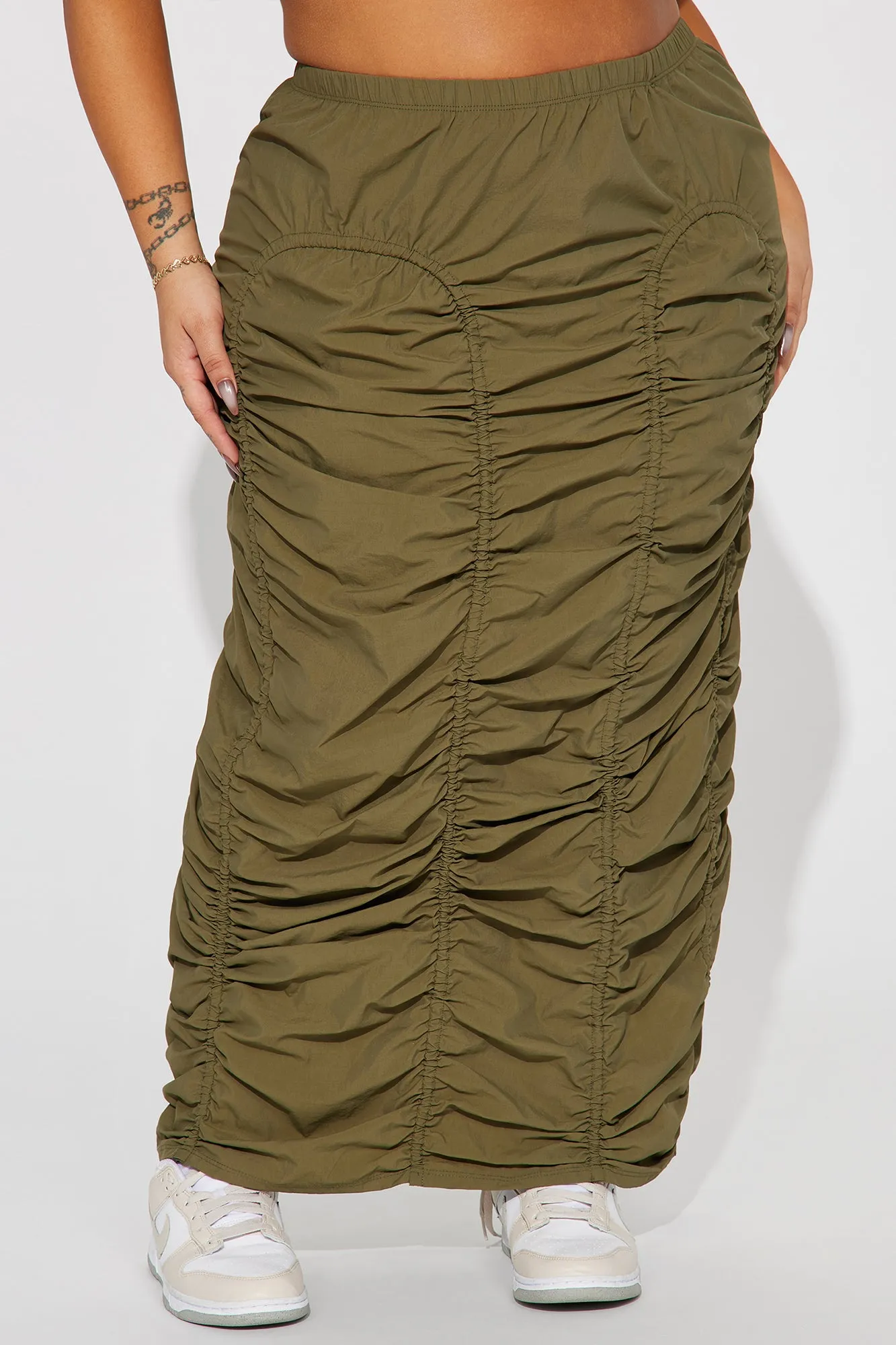 Anything Tight Ruched Maxi Skirt - Olive