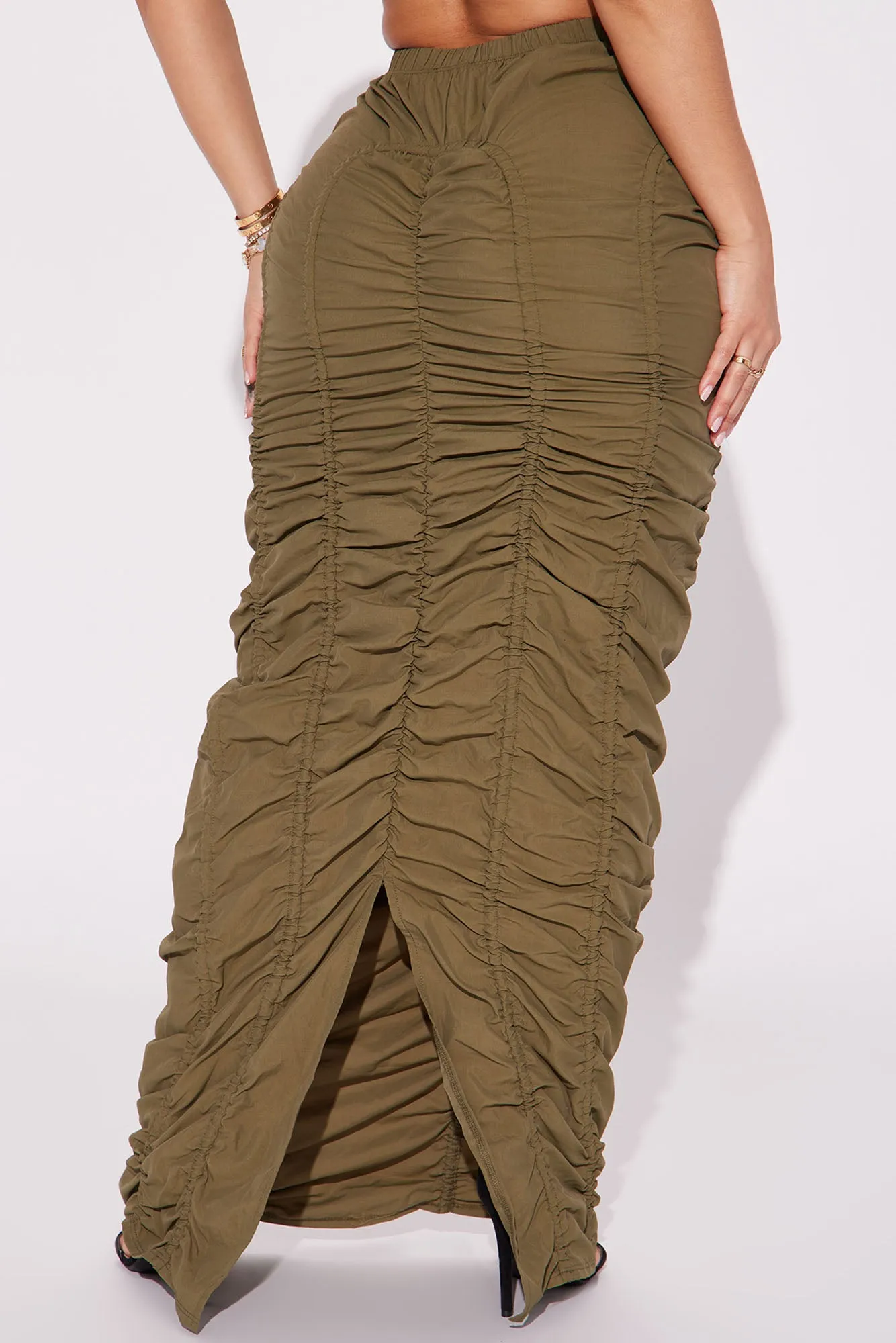 Anything Tight Ruched Maxi Skirt - Olive