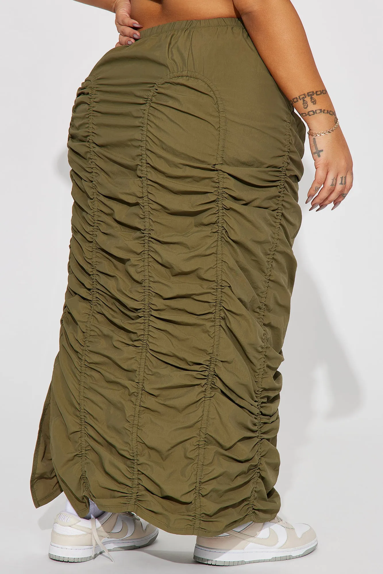 Anything Tight Ruched Maxi Skirt - Olive