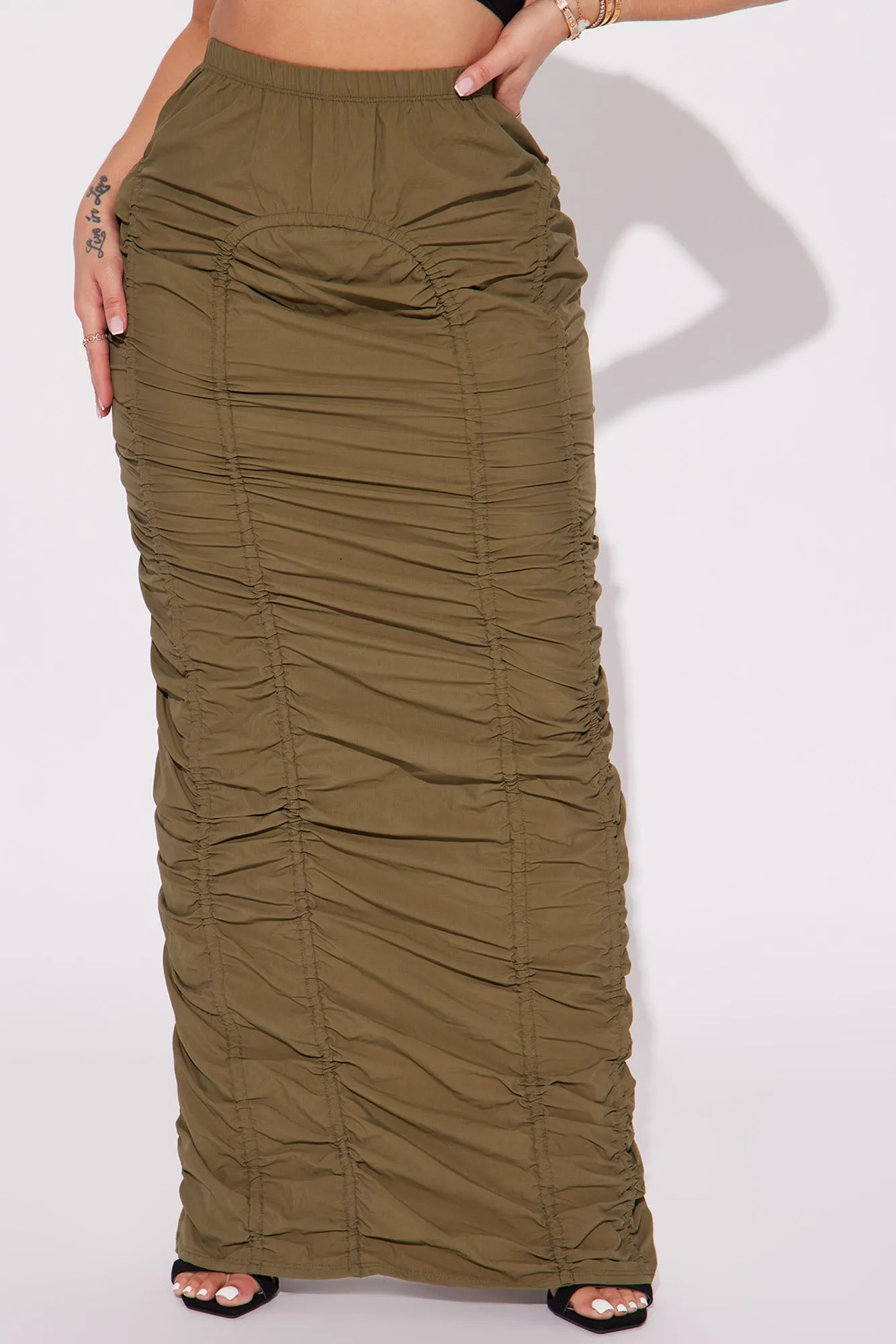 Anything Tight Ruched Maxi Skirt - Olive