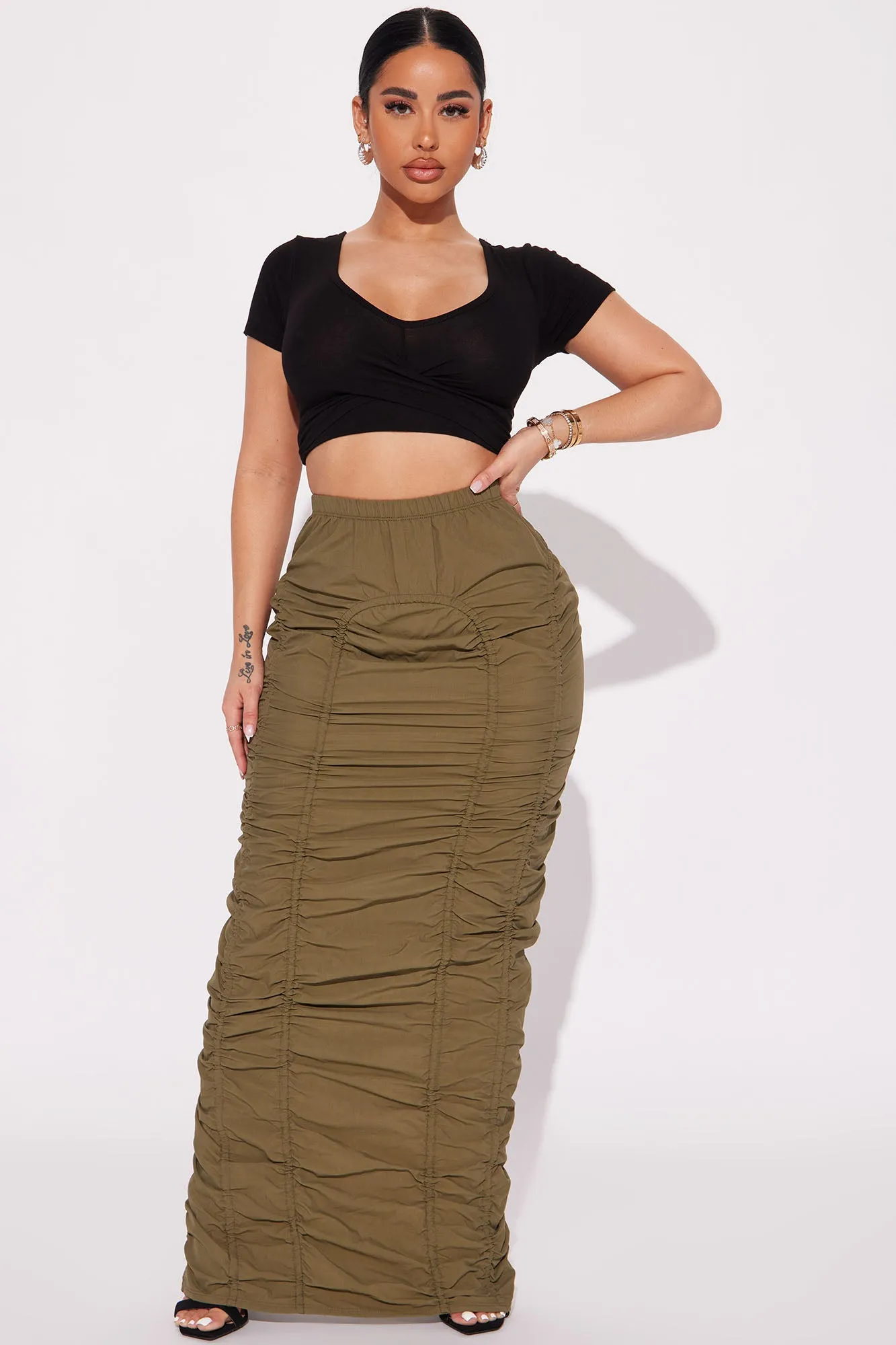 Anything Tight Ruched Maxi Skirt - Olive