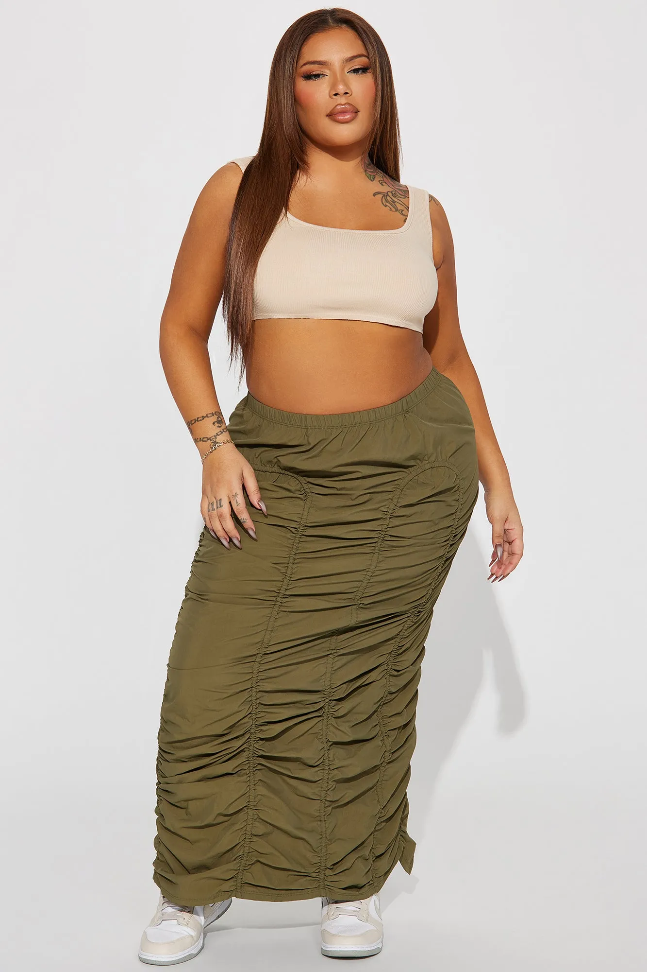 Anything Tight Ruched Maxi Skirt - Olive