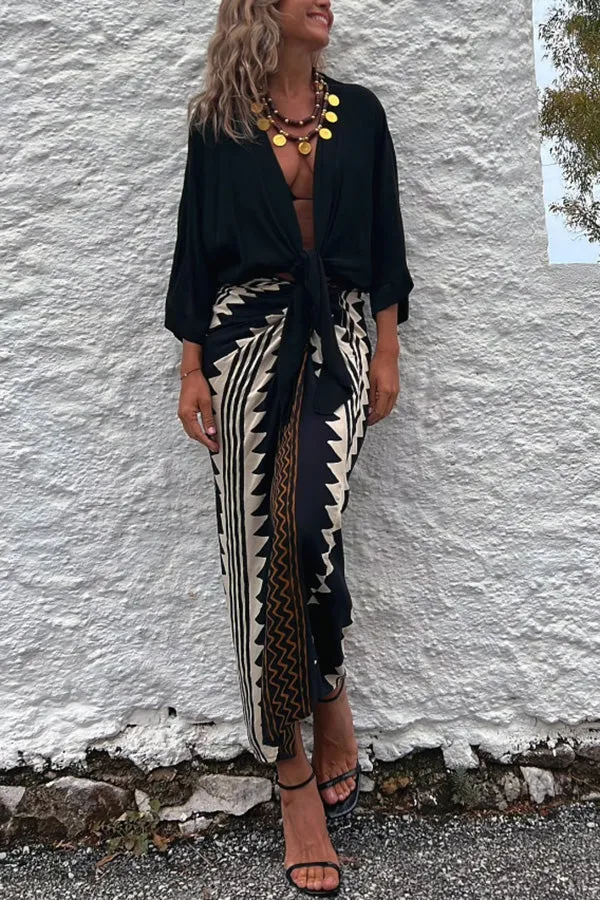 Astra Ethnic Print High Waist Ruched Wrap Maxi Skirt