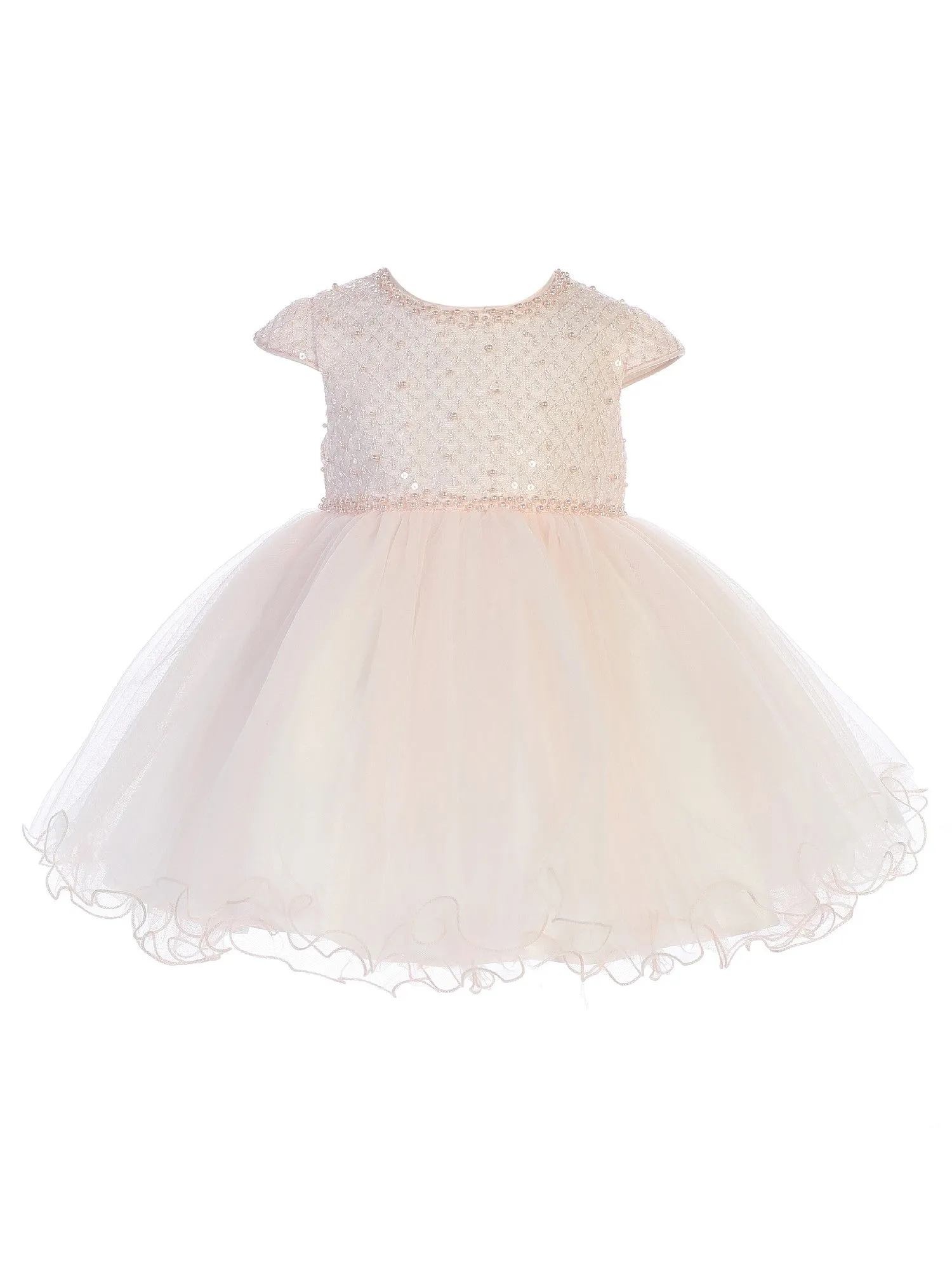 Baby Girls Blush Criss Cross Sequin Pearls Flower Girl Dress 6-24M