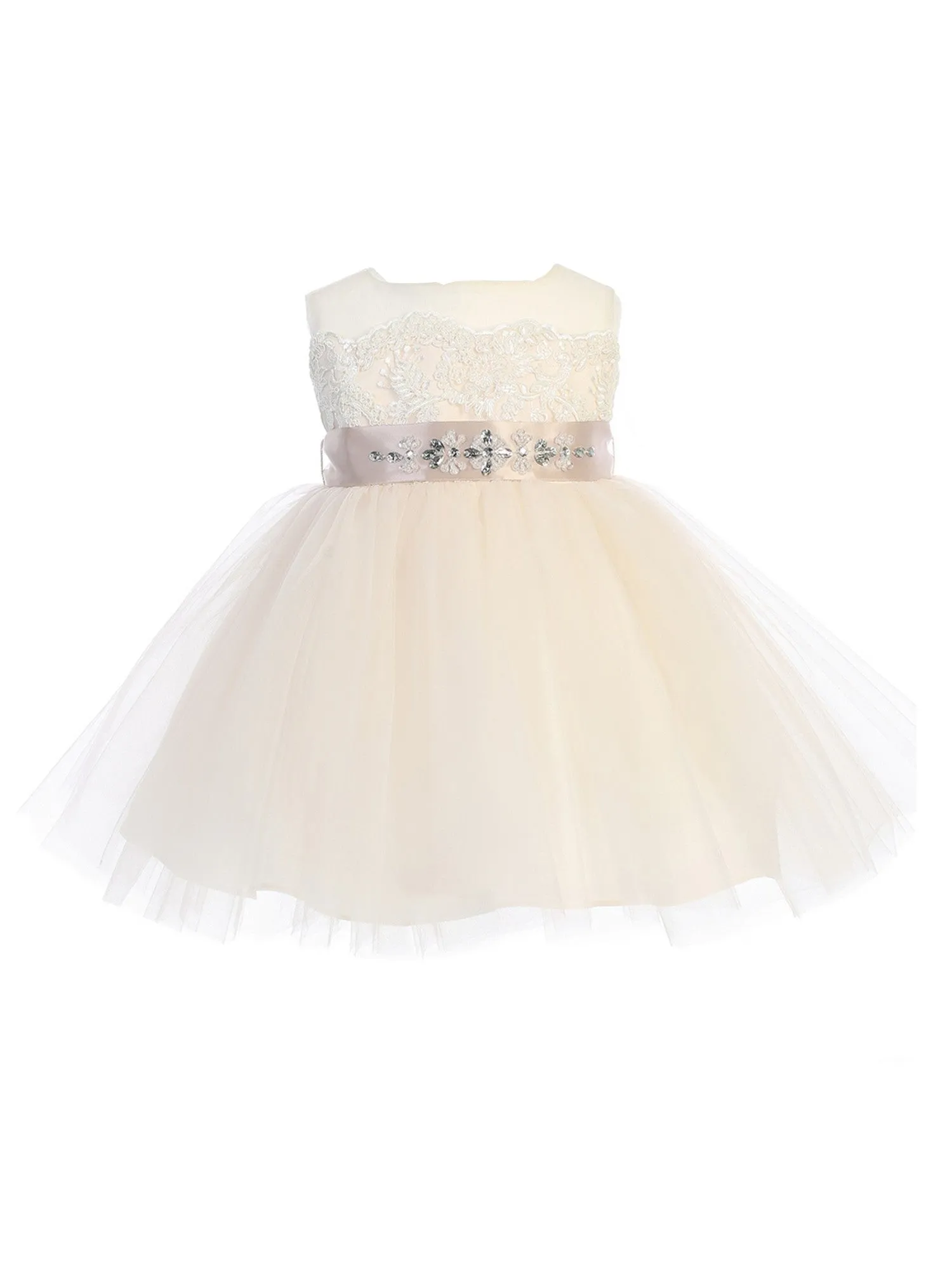 Baby Girls Blush Illusion Neck Lace Tulle Overlay Flower Girl Dress 6M-24M