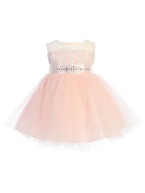 Baby Girls Champagne Illusion Neck Lace Tulle Overlay Flower Girl Dress 6M-24M