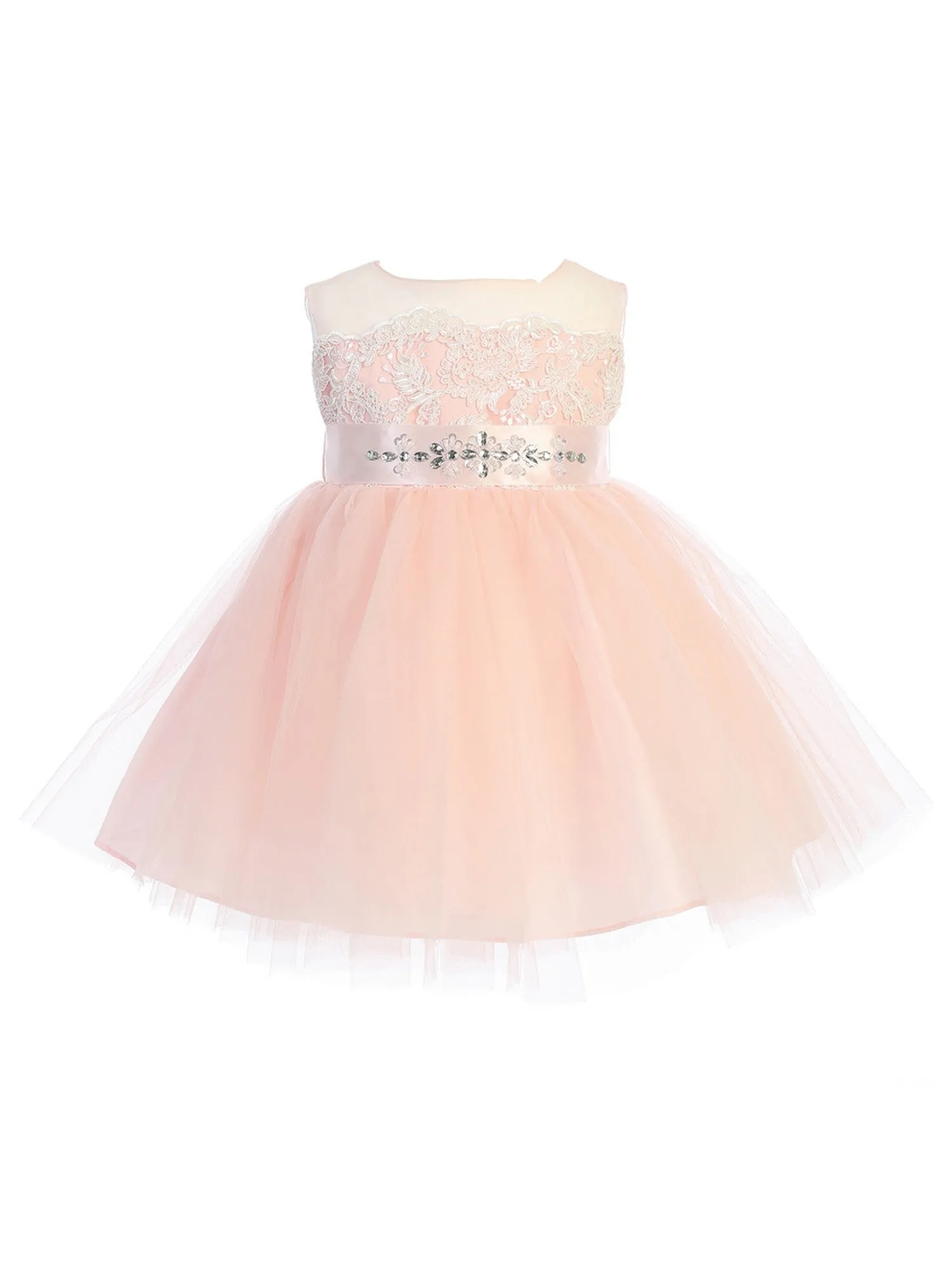 Baby Girls Champagne Illusion Neck Lace Tulle Overlay Flower Girl Dress 6M-24M