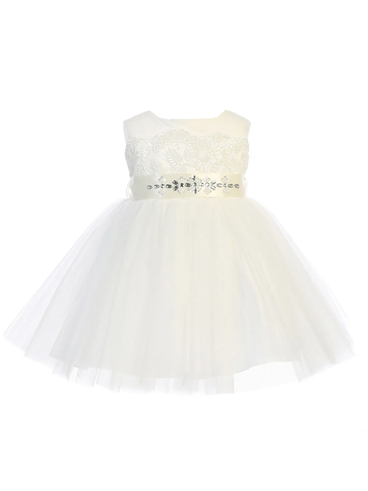 Baby Girls Ivory Illusion Neck Lace Tulle Overlay Flower Girl Dress 6M-24M