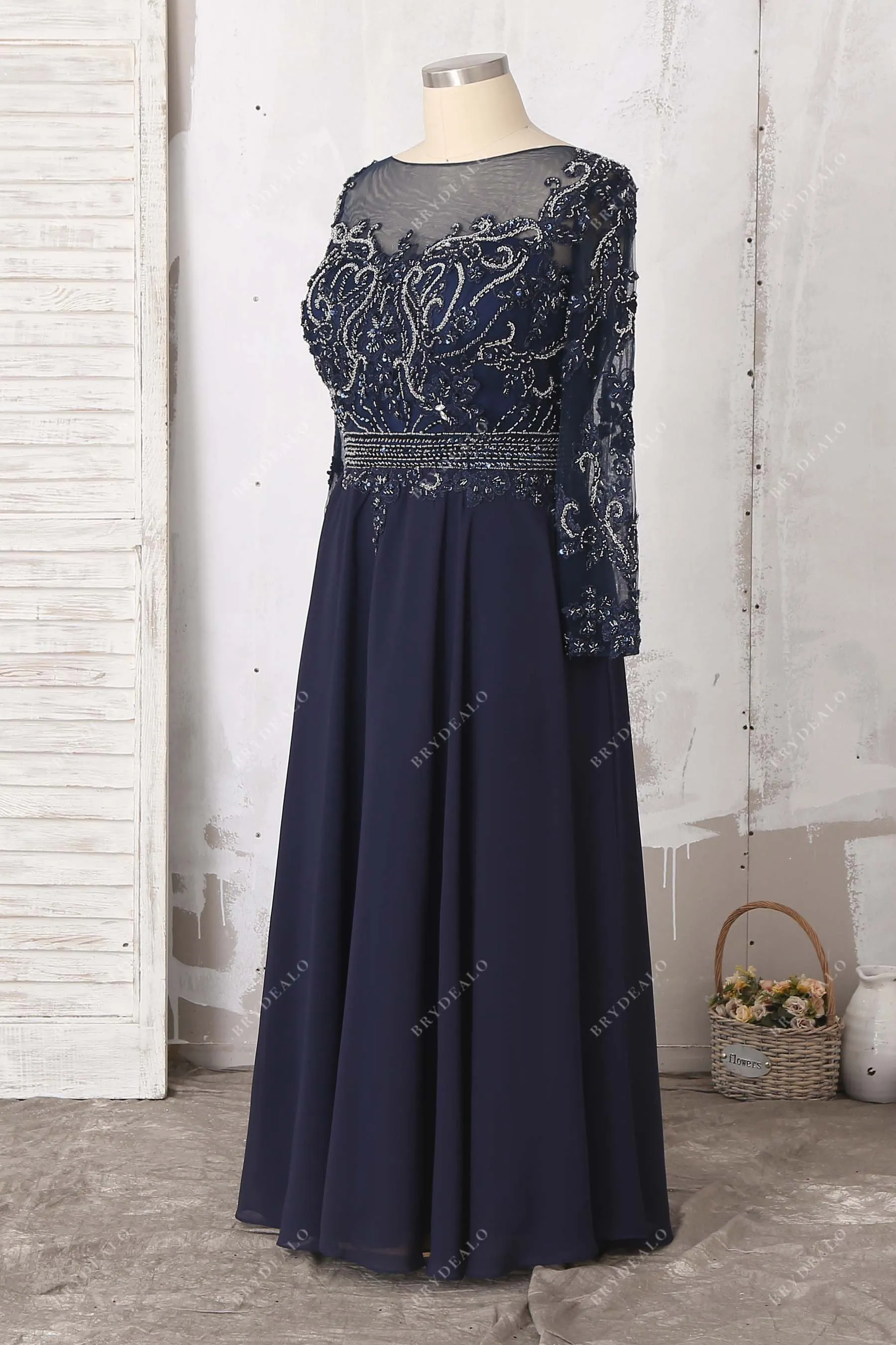 Beaded Lace Navy Chiffon Sleeved Plus Size Prom Dress