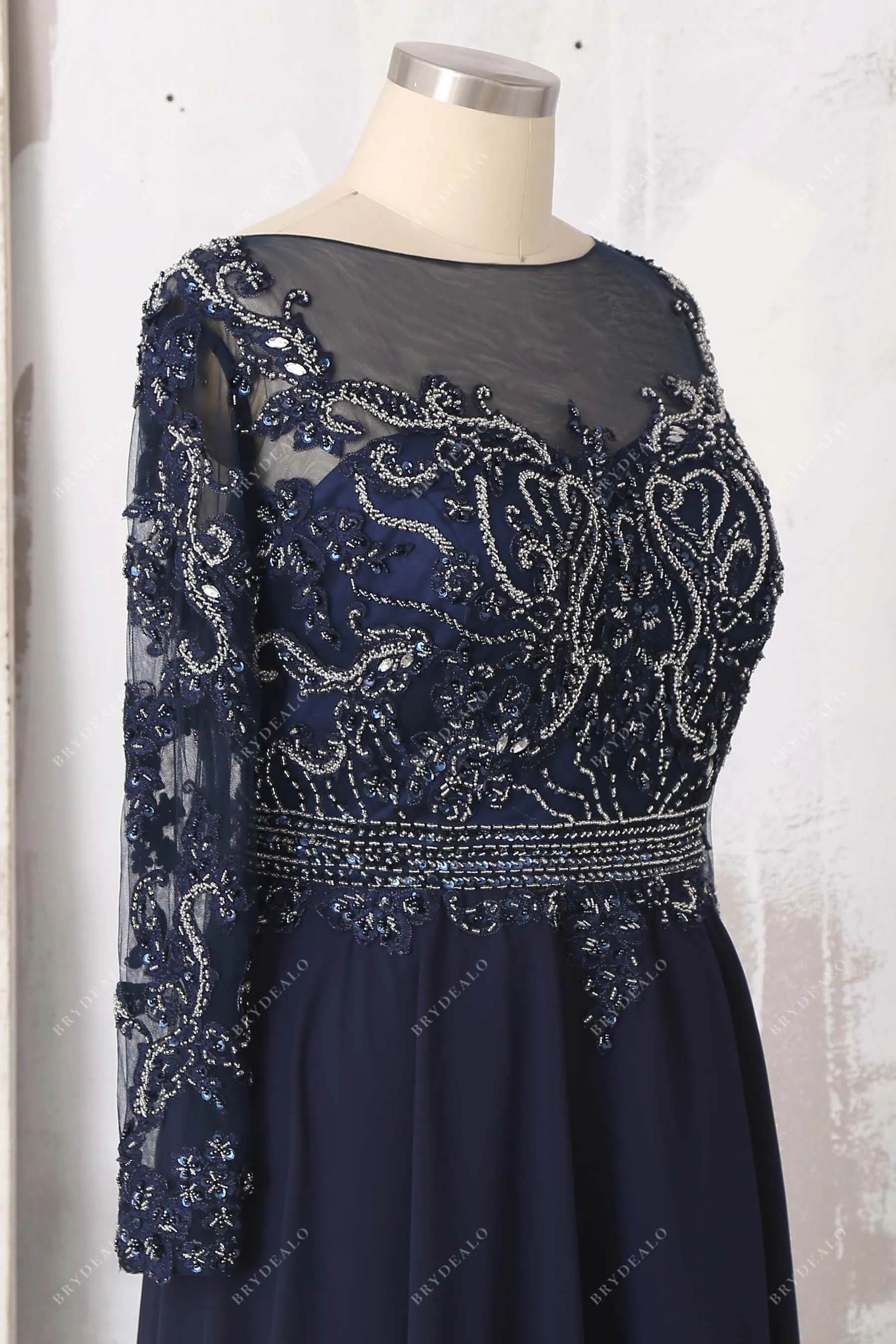 Beaded Lace Navy Chiffon Sleeved Plus Size Prom Dress