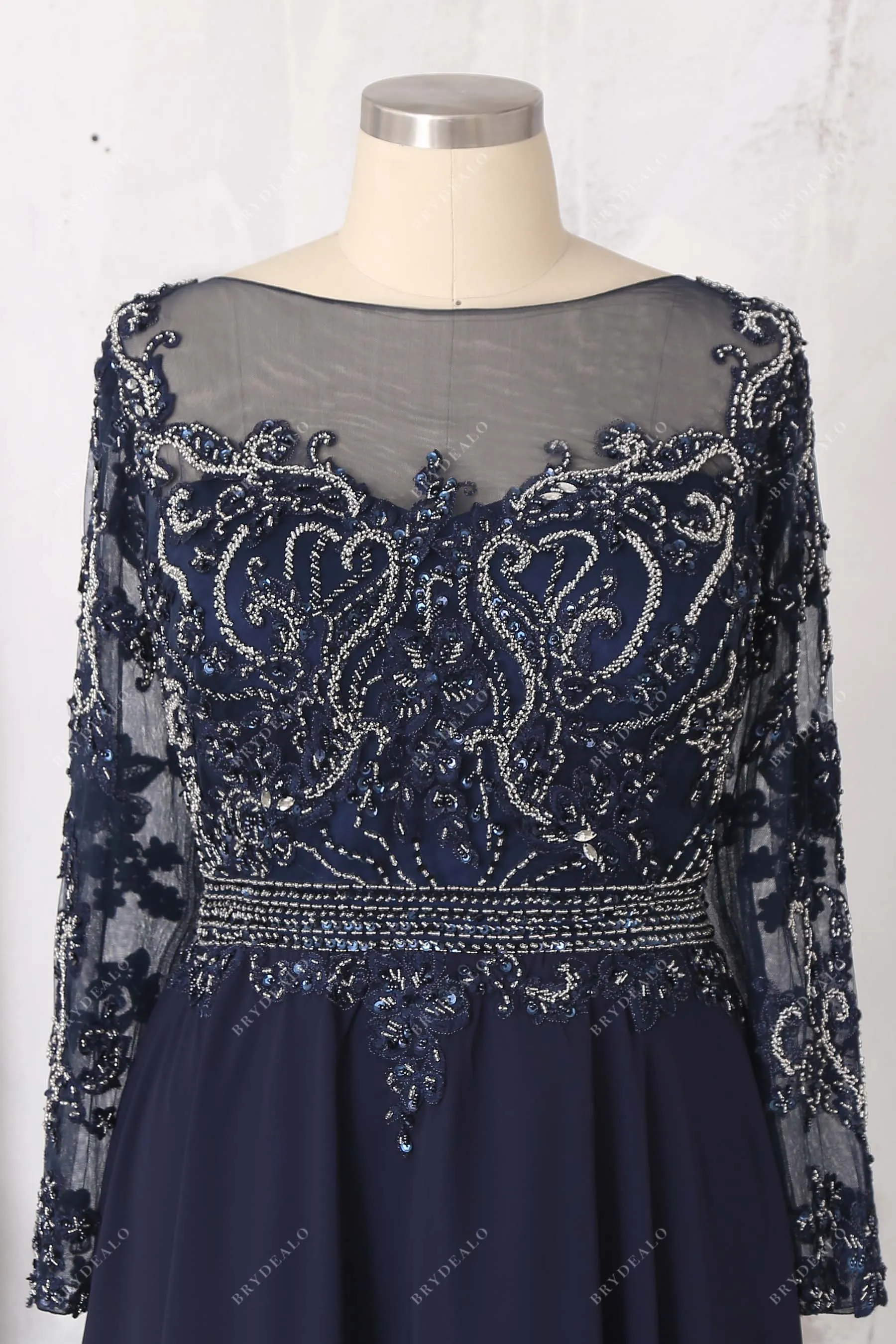 Beaded Lace Navy Chiffon Sleeved Plus Size Prom Dress