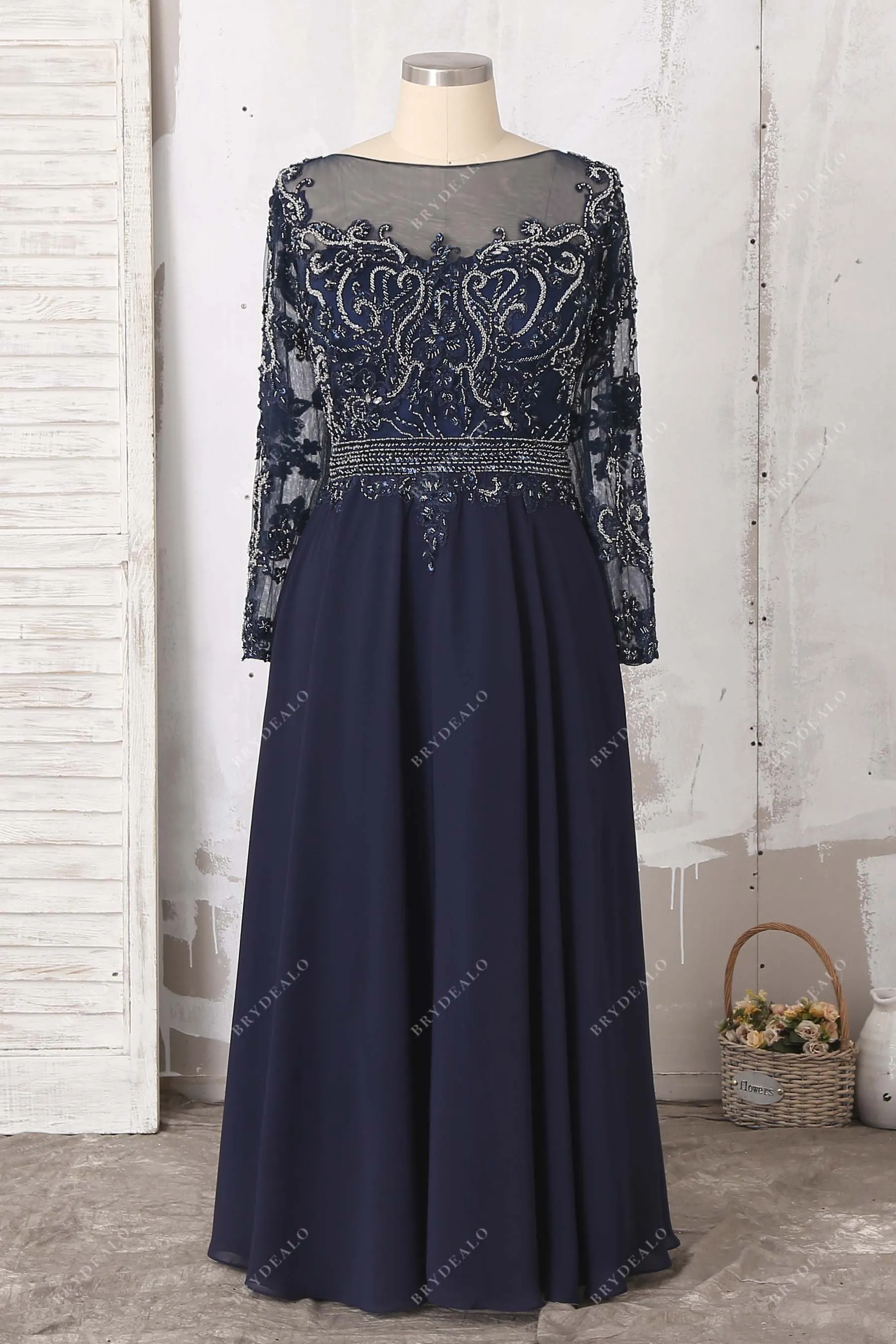 Beaded Lace Navy Chiffon Sleeved Plus Size Prom Dress