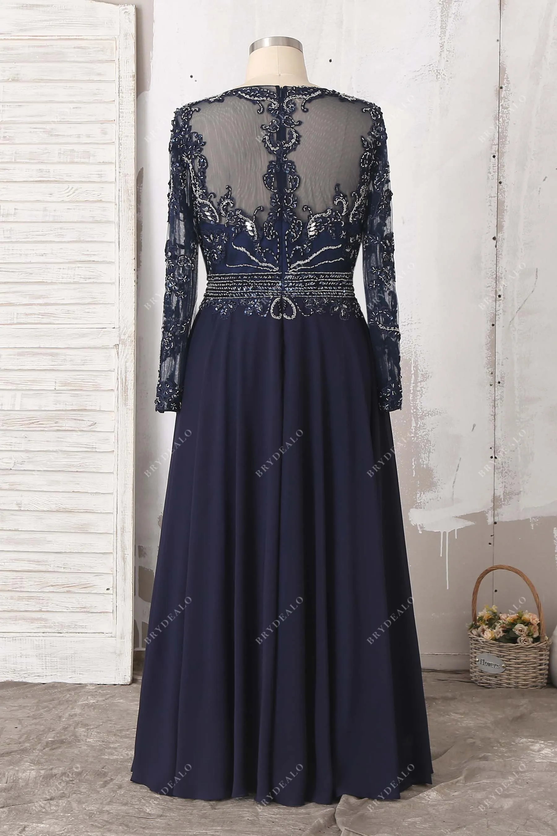 Beaded Lace Navy Chiffon Sleeved Plus Size Prom Dress