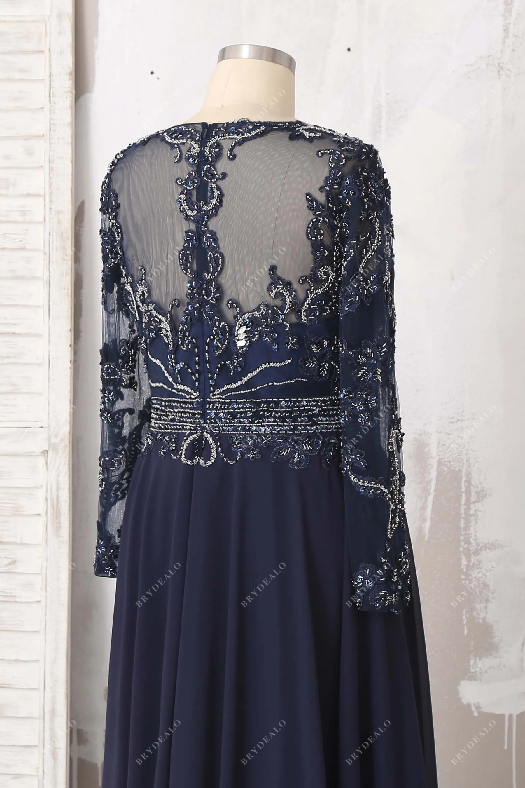 Beaded Lace Navy Chiffon Sleeved Plus Size Prom Dress