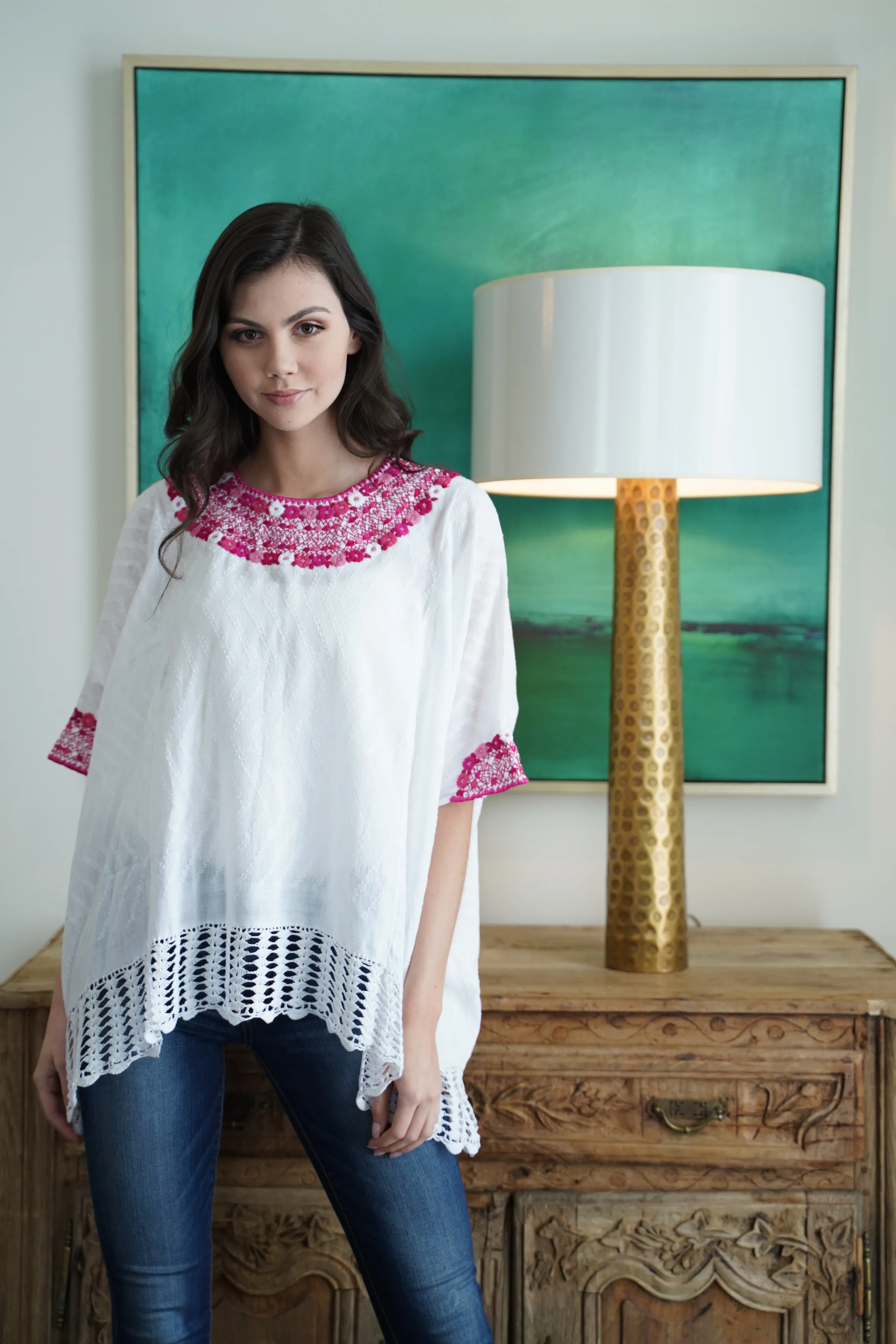 Beatriz Embroidered Guatemalan Top - White & Pink