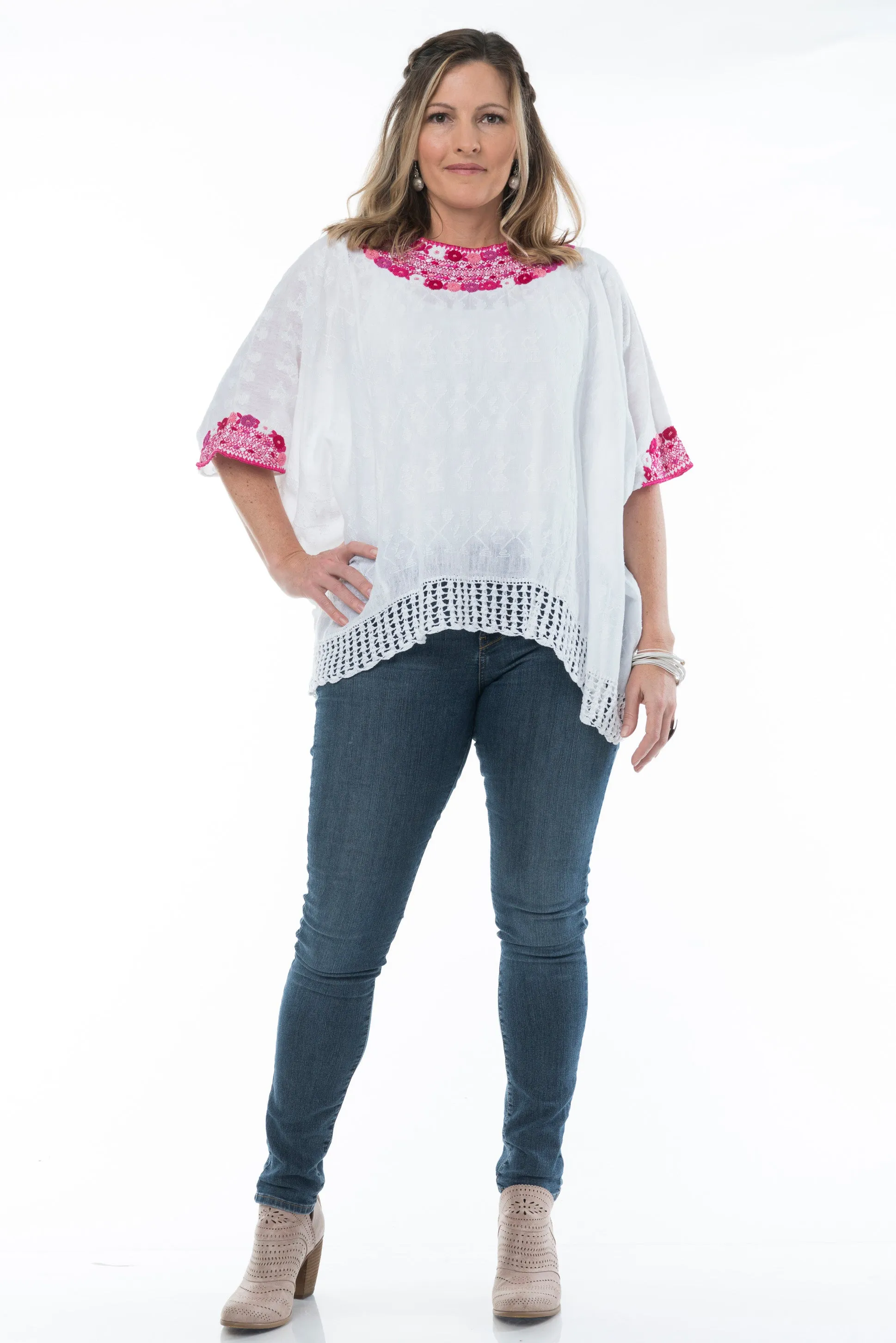 Beatriz Embroidered Guatemalan Top - White & Pink