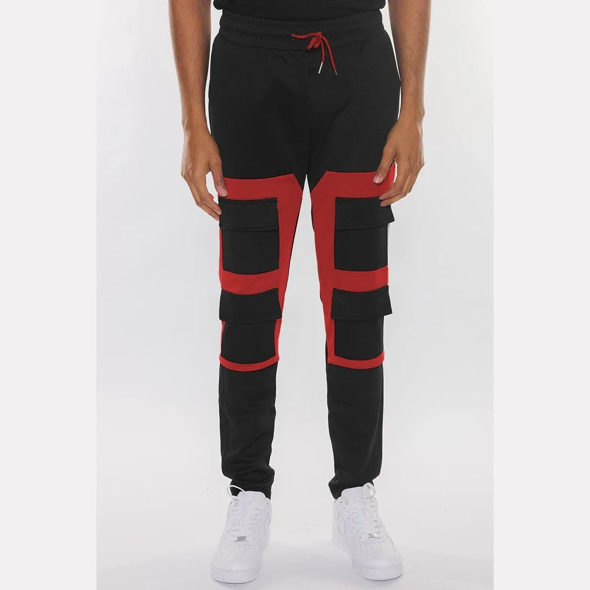 Black & Red Color Block Cargo Track Pants