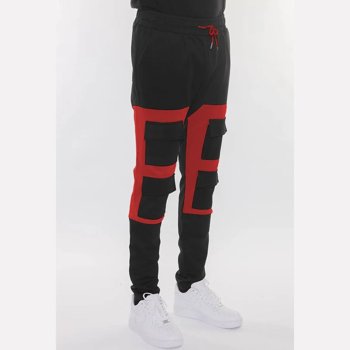 Black & Red Color Block Cargo Track Pants