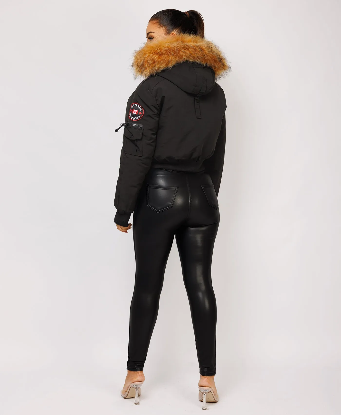 Black Canada Cropped Bomber Jacket With Fur Hood