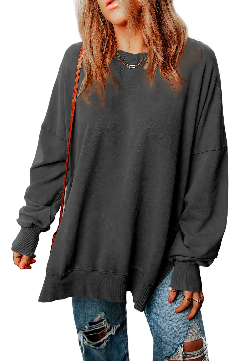 Black Drop Shoulder Ribbed Trim Oversized Sweatshirt