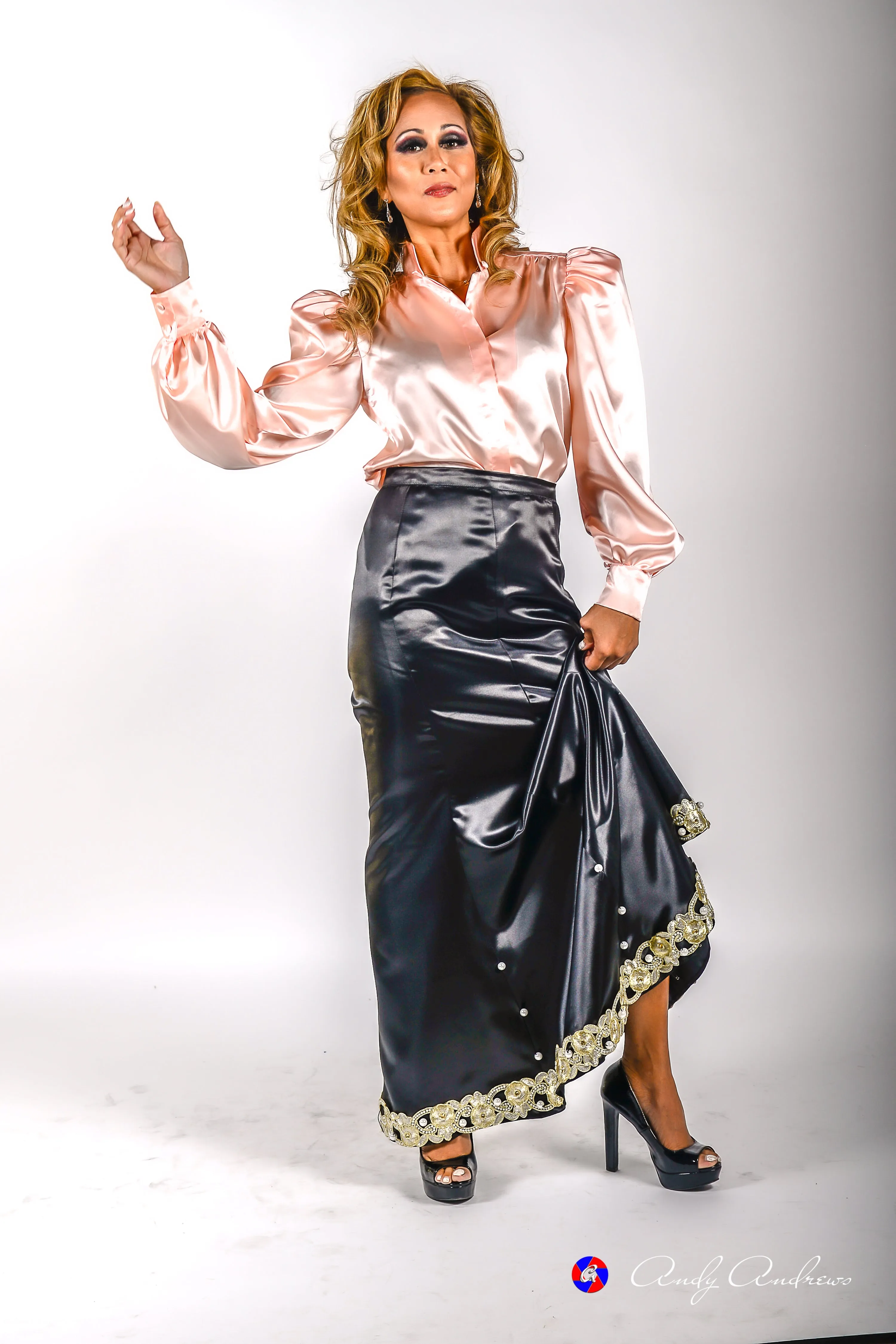 Black long pearl embellished satin tulip skirt in XS S M L XL 2XL 3XL