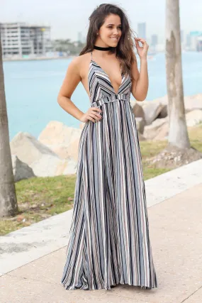 Blue and Taupe Striped Maxi Dress with Open Back