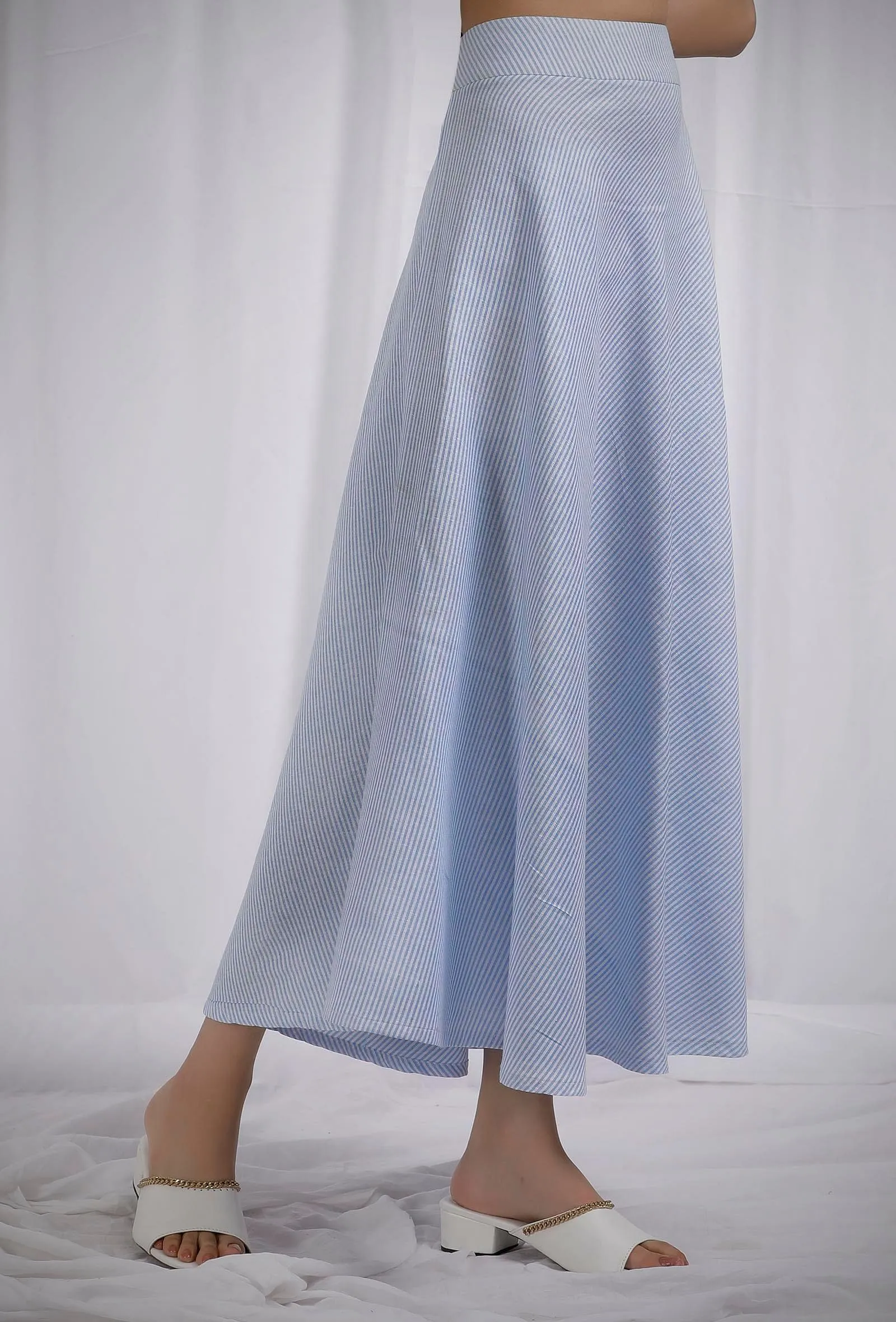 Blue Cotton Striped Flared Skirt