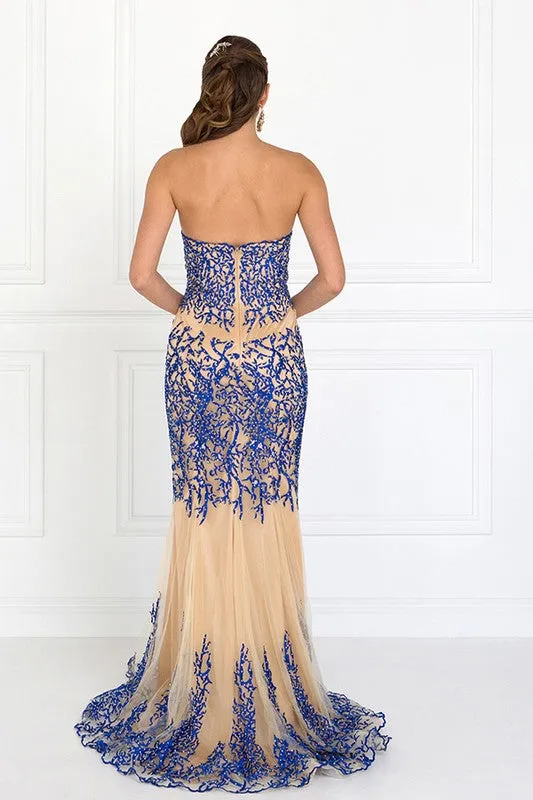 BLUE/NUDE STRAPLESS BEADED MERMAID GOWN BY ELIZABETH  