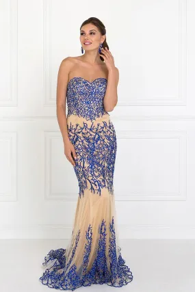 BLUE/NUDE STRAPLESS BEADED MERMAID GOWN BY ELIZABETH  