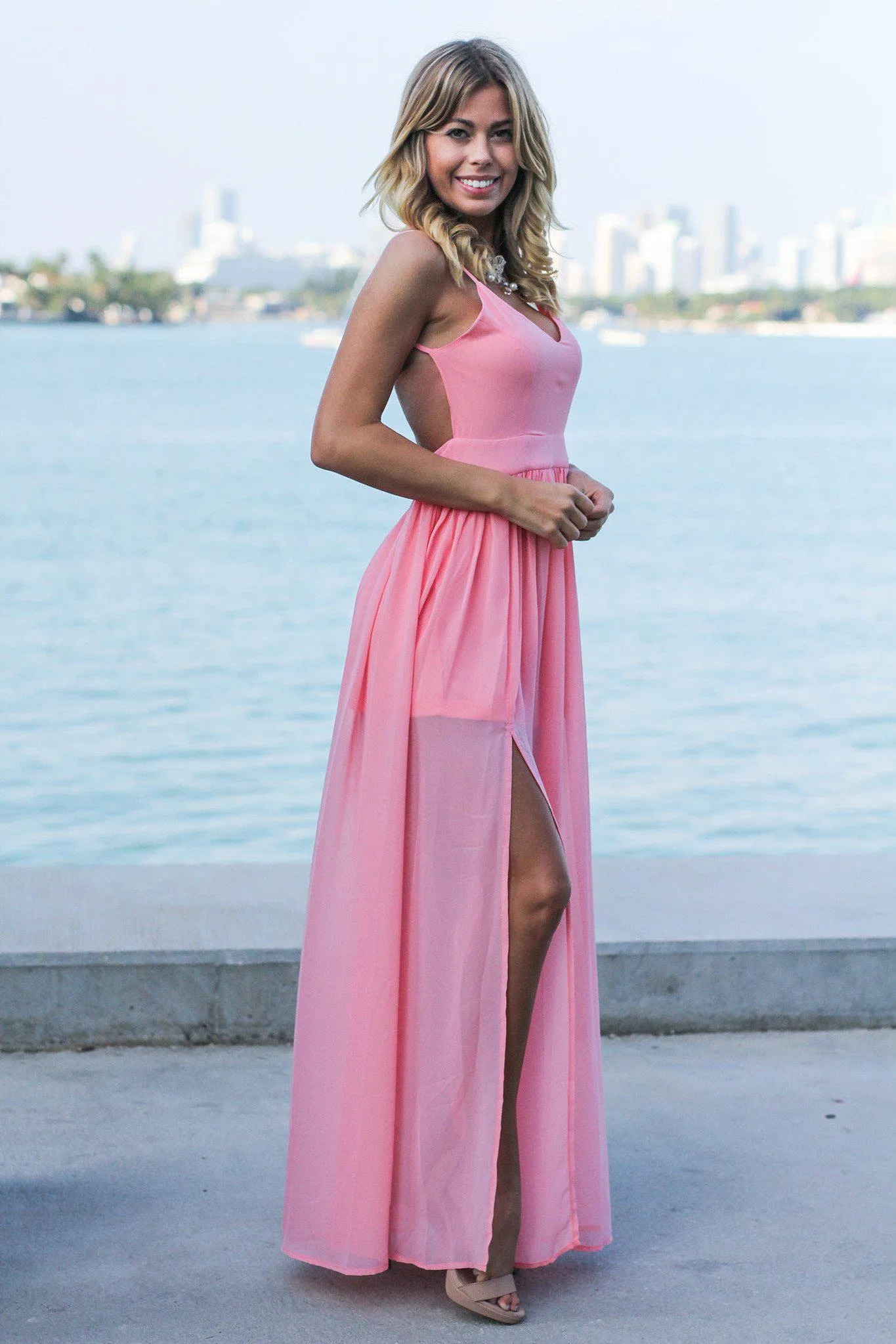 Blush Maxi Dress with Open Back and Side Slit