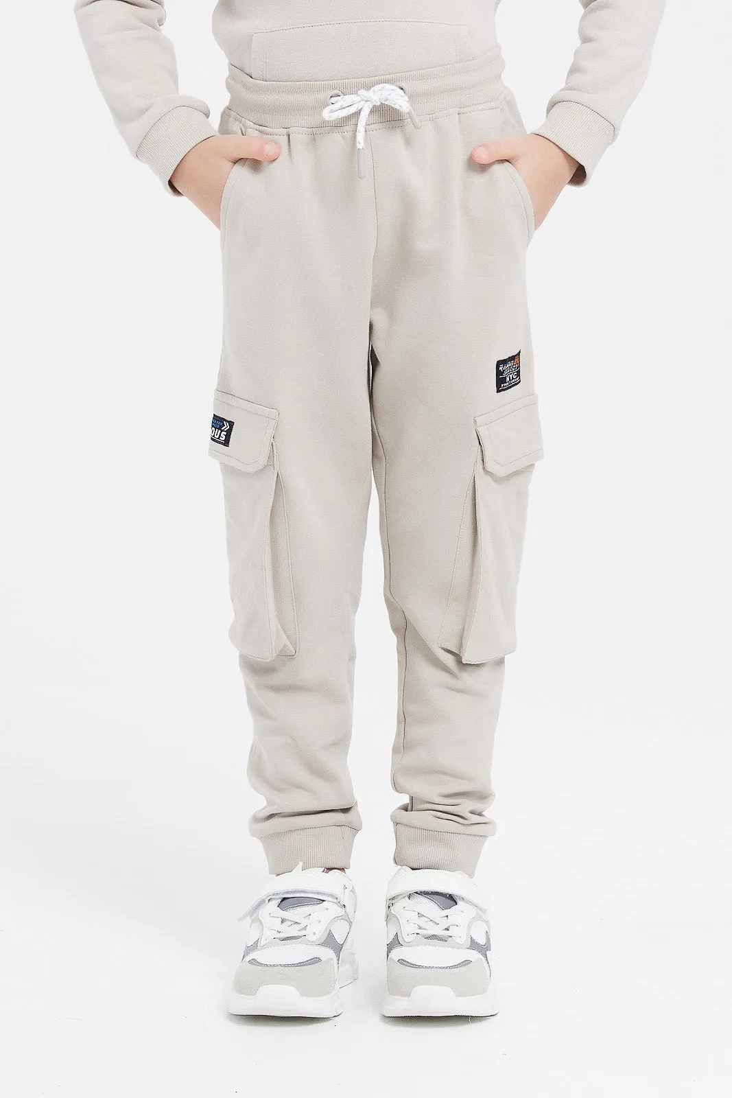 Boys Beige Cargo Pocket Jog Pants