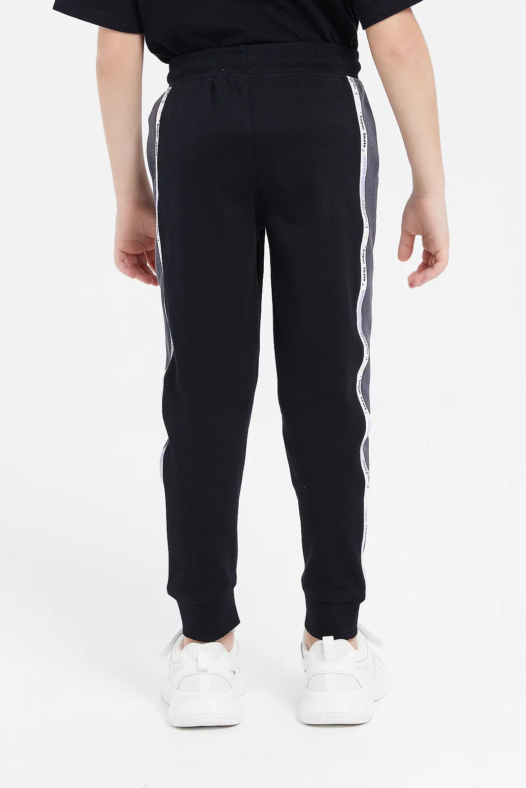 Boys Black Paneled Vertical Print Jog Pants