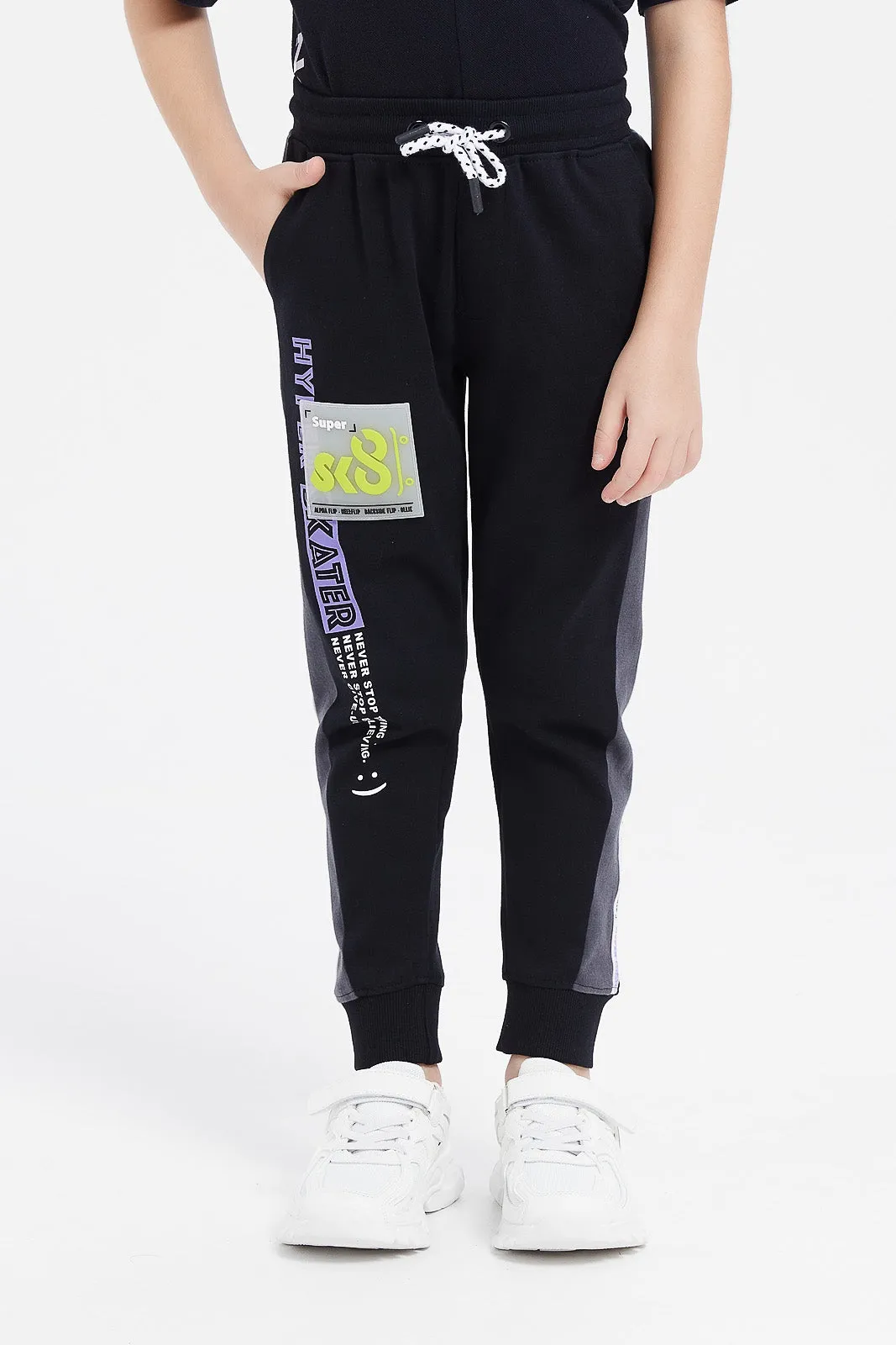 Boys Black Paneled Vertical Print Jog Pants